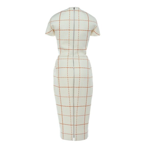 VICTORIA BECKHAM Windowpane Crepe Sheath Dress US 2 UK 6 Wool Short Sleeve Midi - Picture 4 of 9